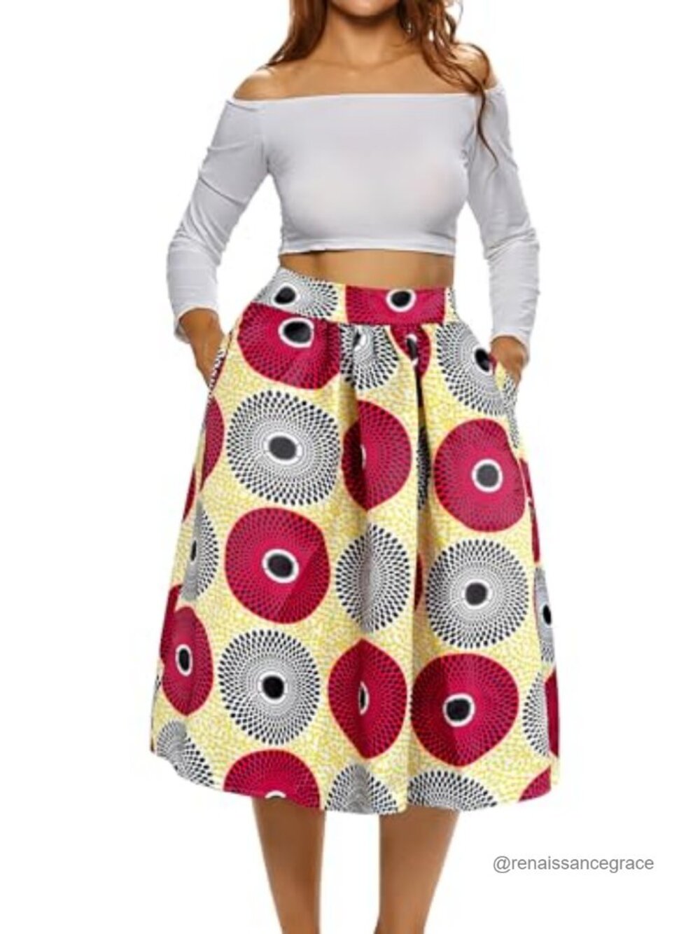 African Print Pleated Midi Skirt with Pockets A-Line High Waist